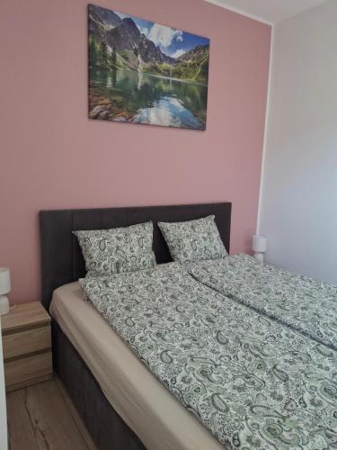 a bedroom with a bed with a picture on the wall at Apartament na Krupie in Krupski Młyn
