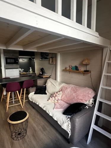 Cette chambre comprend un lit en mezzanine et un canapé. dans l'établissement Le coquet studio, à Cauterets