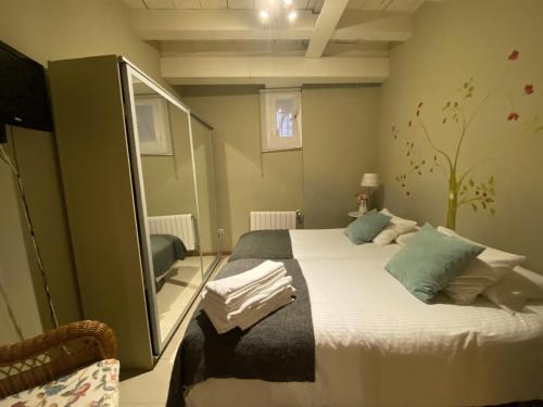 a bedroom with a large bed and a mirror at Refitolería Apartamentos in Segovia