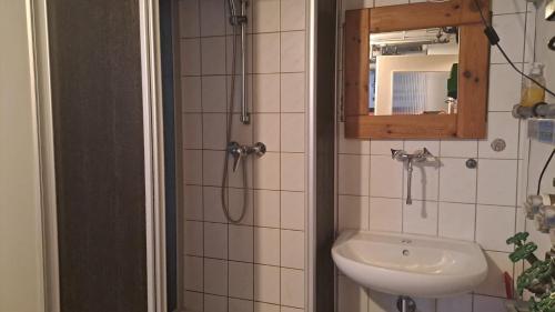 a bathroom with a sink and a shower with a mirror at Ferien- & Monteurwohnungen in Herbrechtingen