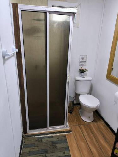 a bathroom with a shower and a toilet at Maravilloso vista al estrecho in Punta Arenas