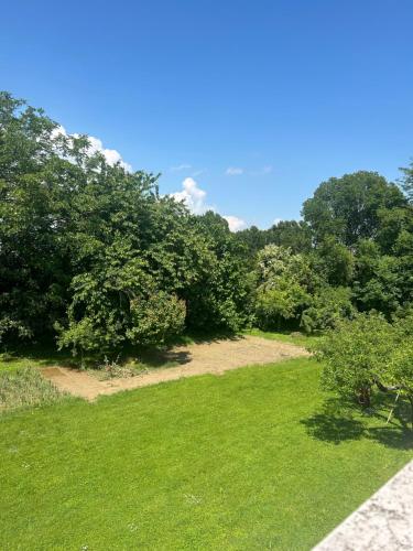 un campo de césped con árboles en el fondo en BikeBnB, en Mira