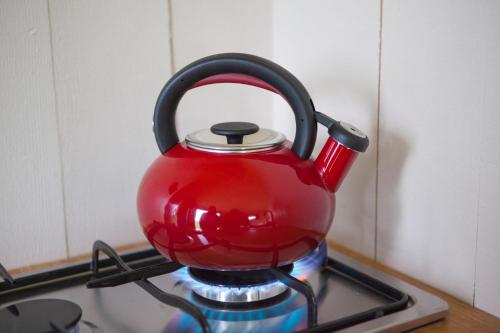a red tea kettle sitting on top of a stove at Daisy Shepherds Hut in Kent