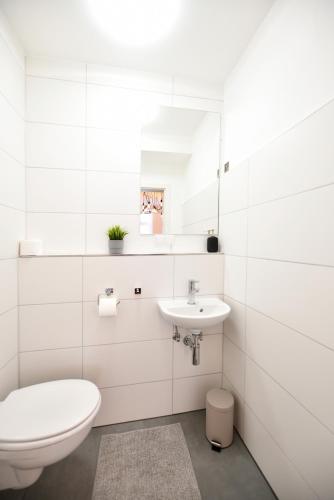 a white bathroom with a toilet and a sink at Ferienloft 'Weinstube Fridrich' in Bad Dürkheim