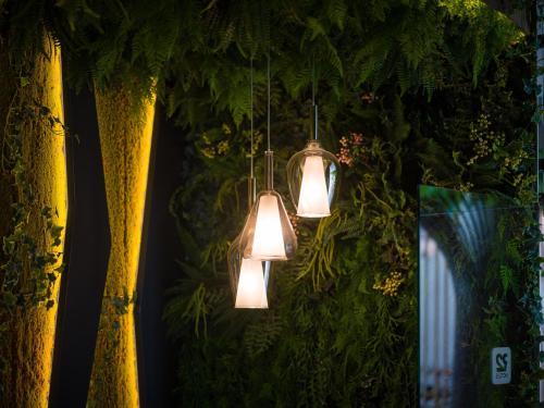 two lights hanging from a wall with plants at R2 HIGOS BEACH in Costa Calma