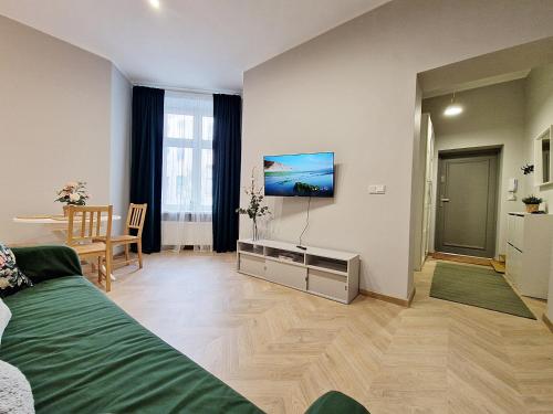 a living room with a bed and a flat screen tv at Apartamenty 1M11 Centrum - opcjonalne miejsce parkingowe, dostęp na kod, NETFLIX in Łódź