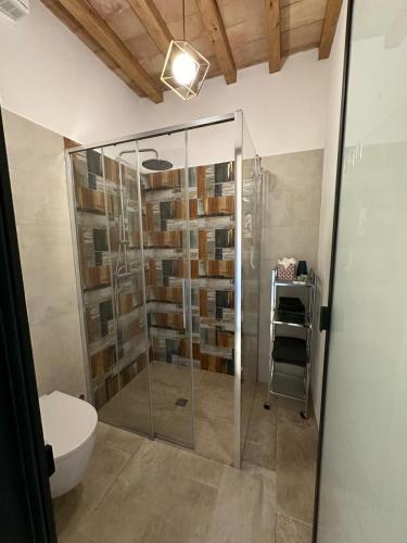 a bathroom with a glass shower with a toilet at Villa Ustoma in Sorano