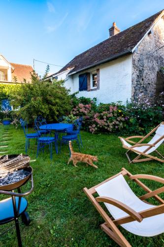 a dog laying in the grass next to a table and chairs at LE NID - Maison d'invités in Saint-Lucien