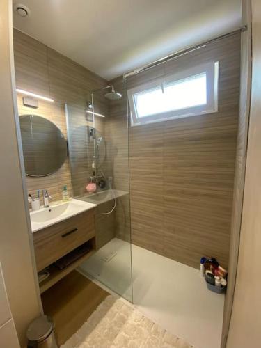 une salle de bain avec une douche avec un lavabo et un miroir dans l'établissement Campagne à la Ville, à Montbéliard