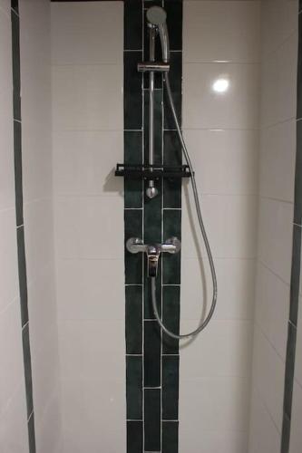 une douche dans une salle de bain avec une porte vitrée dans l'établissement Joli Duplex avec Terrasse, à Montpellier