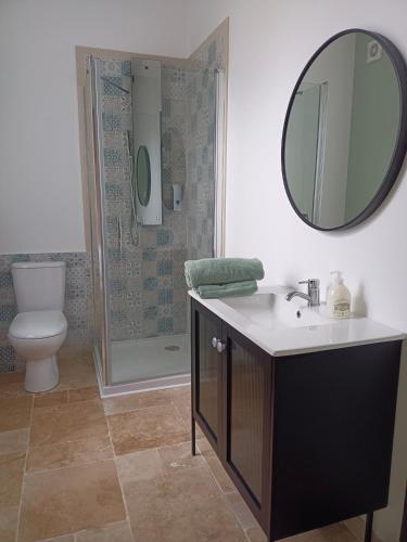 une salle de bain avec un lavabo, des toilettes et un miroir dans l'établissement Au 112 maison d'hôtes, à Estrées-Saint-Denis