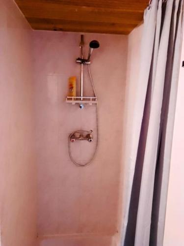 une salle de bain avec un rideau de douche et un lavabo dans l'établissement Superbe T2 avec Terrasse, à Montpellier