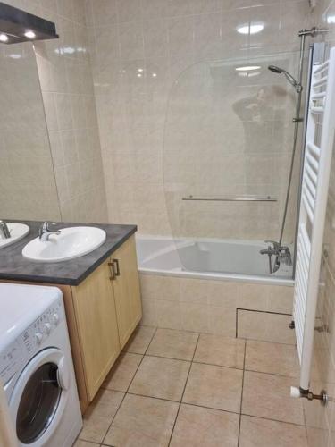 une salle de bain avec un lavabo et une machine à laver dans l'établissement Appartement familial en résidence Saint Gervais les bains, à Saint-Gervais-les-Bains