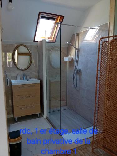 une salle de bain avec une douche avec un lavabo et un miroir dans l'établissement Gîte Evasion Corrézienne, à Seilhac