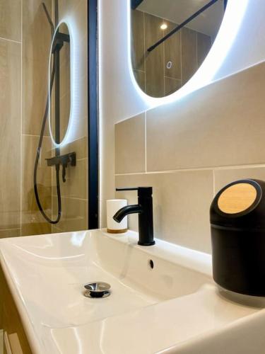 a bathroom with a sink with a shower and a mirror at Sous les toits de Bourges in Bourges