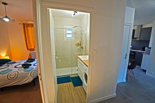 - une chambre avec une salle de bains pourvue d'une douche et un lit dans l'établissement Cosy et urbain en Plein centre ville, à Craponne