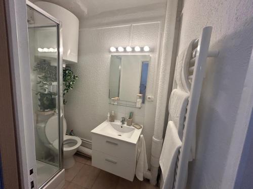 une salle de bain blanche avec des toilettes et un lavabo dans l'établissement Charmant studio au cœur du Mourillon, à Toulon