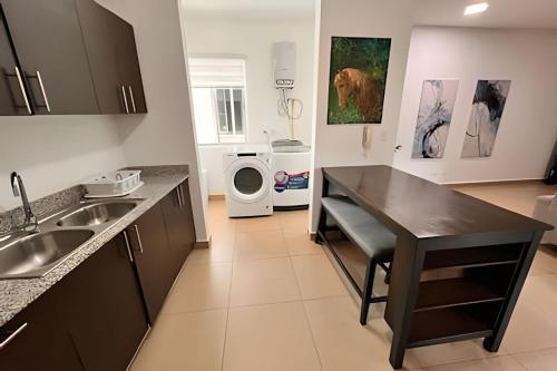 a kitchen with a sink and a washing machine at Acogedor apartamento en San Francisco in Panama City