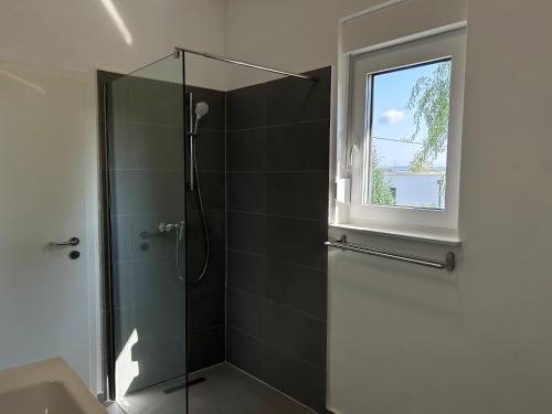a bathroom with a glass shower with a window at Koblenzer Naturhaus & Apartments in Koblenz