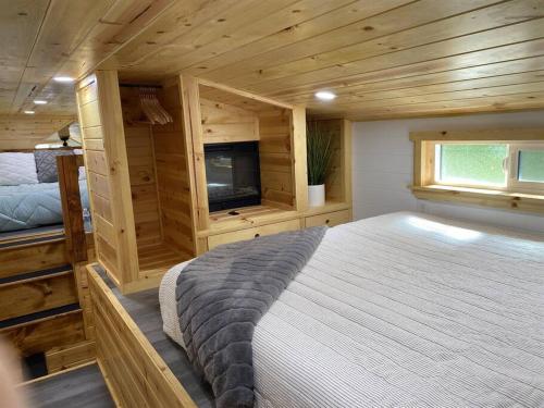 a large bedroom with a bed and a television at Stargazer Tiny Cottage in Shay