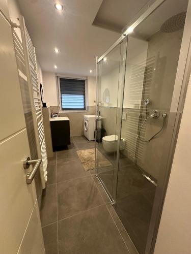 a bathroom with a glass shower and a toilet at 3-Zimmer Wohnung nähe Messe in Altenfurt
