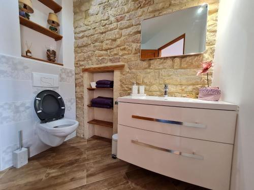 BoismontにあるChambre confortable avec salle d'eau privative - FR-1-584-326のトイレ、洗面台、鏡を備えたバスルーム