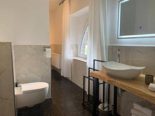 a bathroom with a sink and a toilet at Residence Black Eagle Lubmin Strand in Lubmin