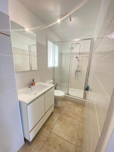 une salle de bain blanche avec un lavabo et des toilettes dans l'établissement Celle centre village proche therme, à Amélie-les-Bains-Palalda