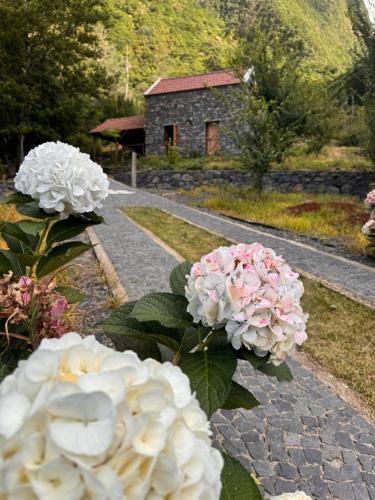 a stone path with flowers in front of a building at Casa do Batista in Seixal