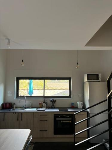une cuisine avec un évier et une fenêtre dans l'établissement Charmante maison rénovée centre-ville, à Balbigny