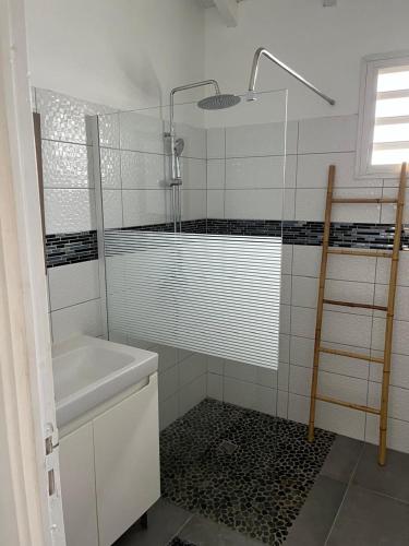 un bagno con doccia, vasca e lavandino di Gîtes Surya a Port-Louis