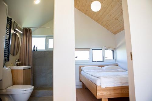 a bedroom with a bed and a toilet and a sink at Seaside wellbeing in Dargužiai