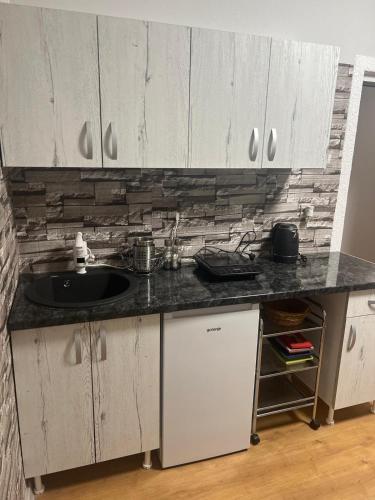 a kitchen with a sink and a counter top at Vukmanović apartmani in Kikinda