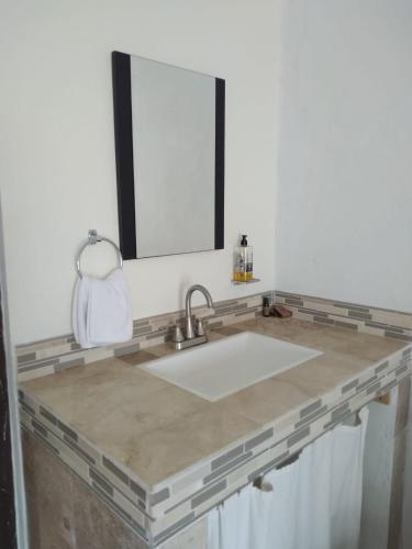 a bathroom counter with a sink and a mirror at Jardin Zen in Tepoztlán