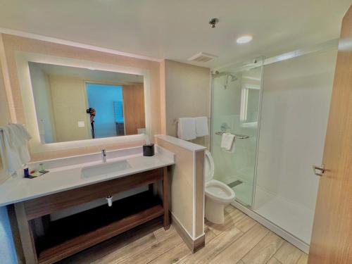 a bathroom with a sink and a shower and a toilet at Sleep Inn Oakbrook Terrace - Chicago in Oakbrook Terrace