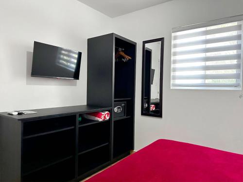a bedroom with a black dresser with a flat screen tv at Ladybugs Apartments in Palm-Eagle Beach