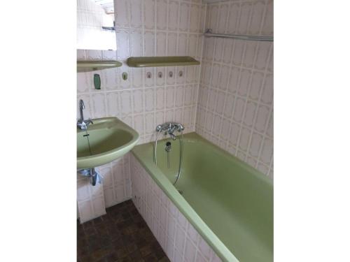 a bathroom with a green tub and a sink at Dream view of Hennesee in Meschede