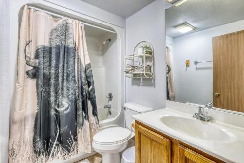 a bathroom with a shower curtain with a toilet and a sink at Buffalo Thunder Lodge in Deadwood