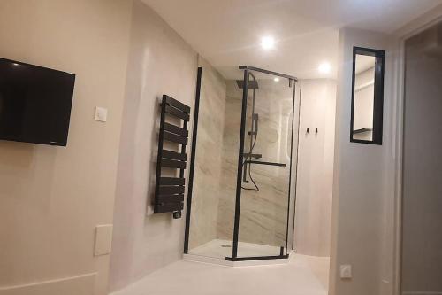 a bathroom with a shower with a glass door at Suite Vinicole Hypercentre, Bastille & Gare 9 min à pied in Grenoble