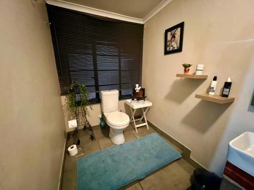 a bathroom with a toilet and a sink and a window at Casa De Montague in Noordheuwel