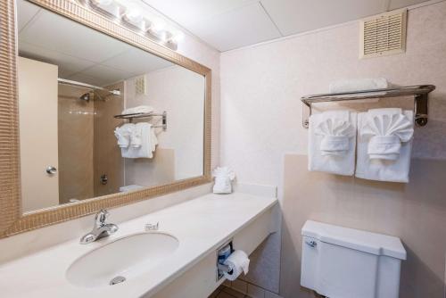 ポートランドにあるFireside Inn & Suites Portlandの洗面台、鏡、トイレ付きのバスルーム