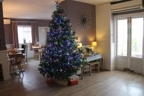a christmas tree in the middle of a living room at The Swan Motel, Gillingham in Beccles