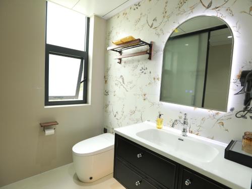 a bathroom with a sink and a toilet and a mirror at 张家界喜屋民宿 in Zhangjiajie