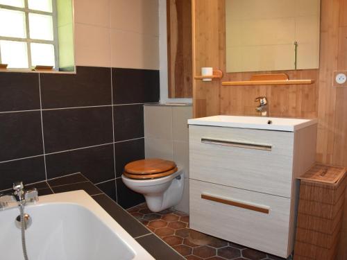 a bathroom with a toilet and a sink and a tub at Chalet cosy 6 personnes près du centre, jardin sud, 1 chambre, mezzanine - FR-1-464-234 in Pralognan-la-Vanoise