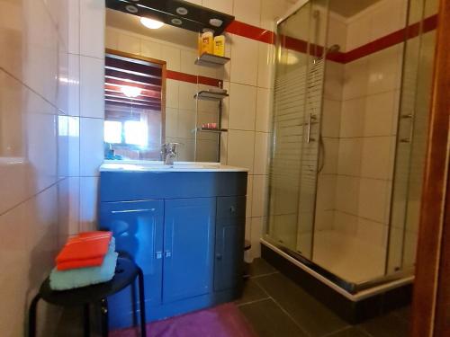 une salle de bain avec un lavabo bleu et une douche dans l'établissement Chambre cosy avec salle de jeux et terrasse, proche Belgique et Luxembourg - FR-1-584-329, à Boismont