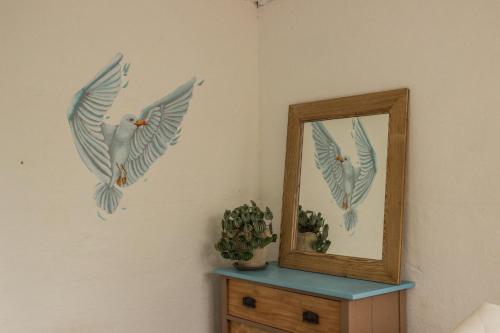 two birds on the wall next to a mirror at Wake up and Thrive in Raglan