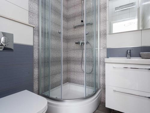 a bathroom with a shower and a toilet and a sink at Apartments Villa Dinga - Borak - Two Bedroom Apartment with Balcony and Sea View Silver in Potomje