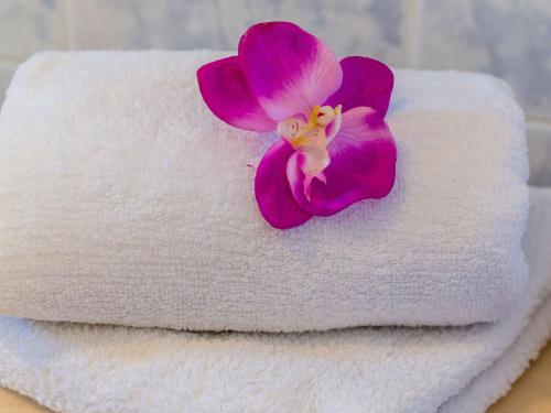 a purple orchid sitting on top of a towel at Apartments Cypress Sea Cove - Comfort Studio Apartment with Balcony and Sea View A1 in Slano