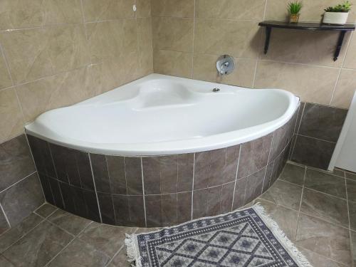 a bath tub in a bathroom with a rug at Boitumelo Bluewater Apartments in Port Elizabeth
