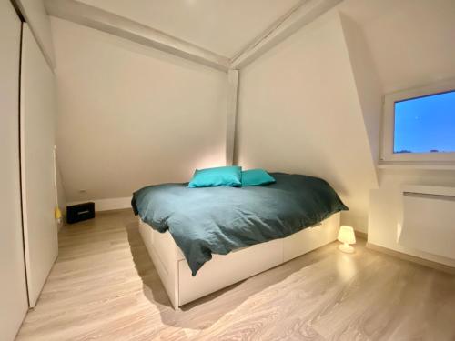 Cette petite chambre comprend un lit avec des oreillers bleus. dans l'établissement Appartement cosy à 10min à pieds du centre-ville, à Colmar